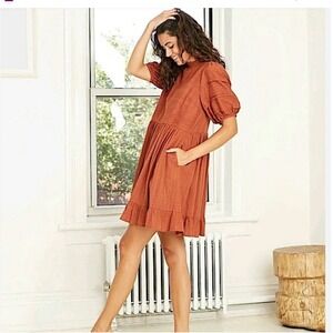 Universal Thread Women's Dress Rust Brown Ruffle Hem Babydoll Puff Sleeve